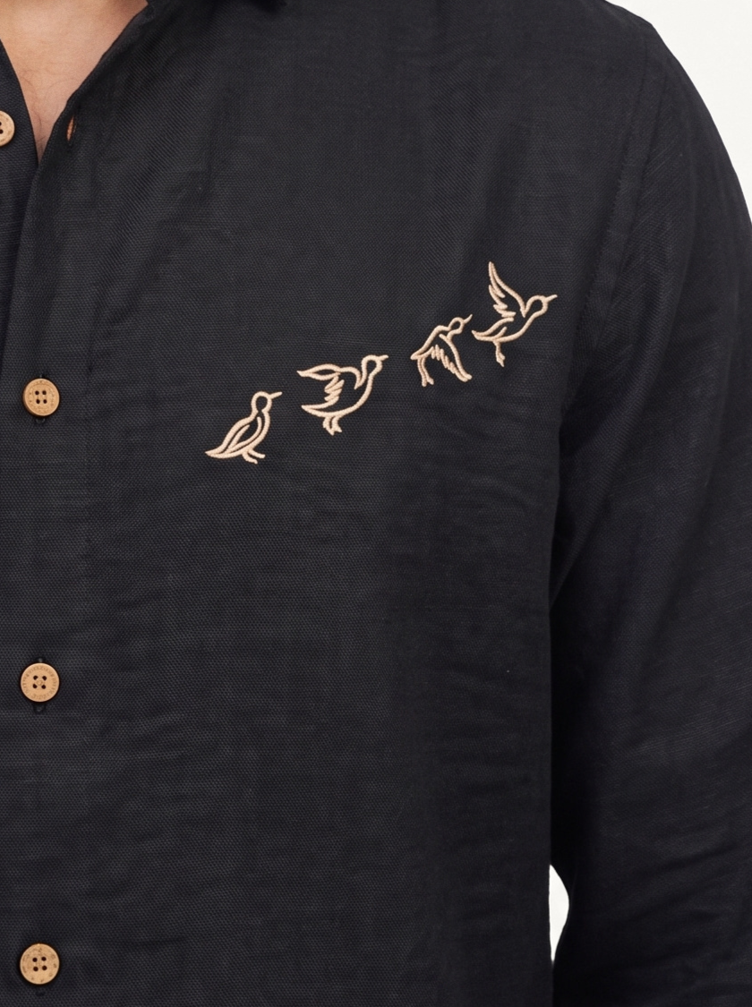 Flight Formation Cotton Regular Fit Black Embroidery Shirt