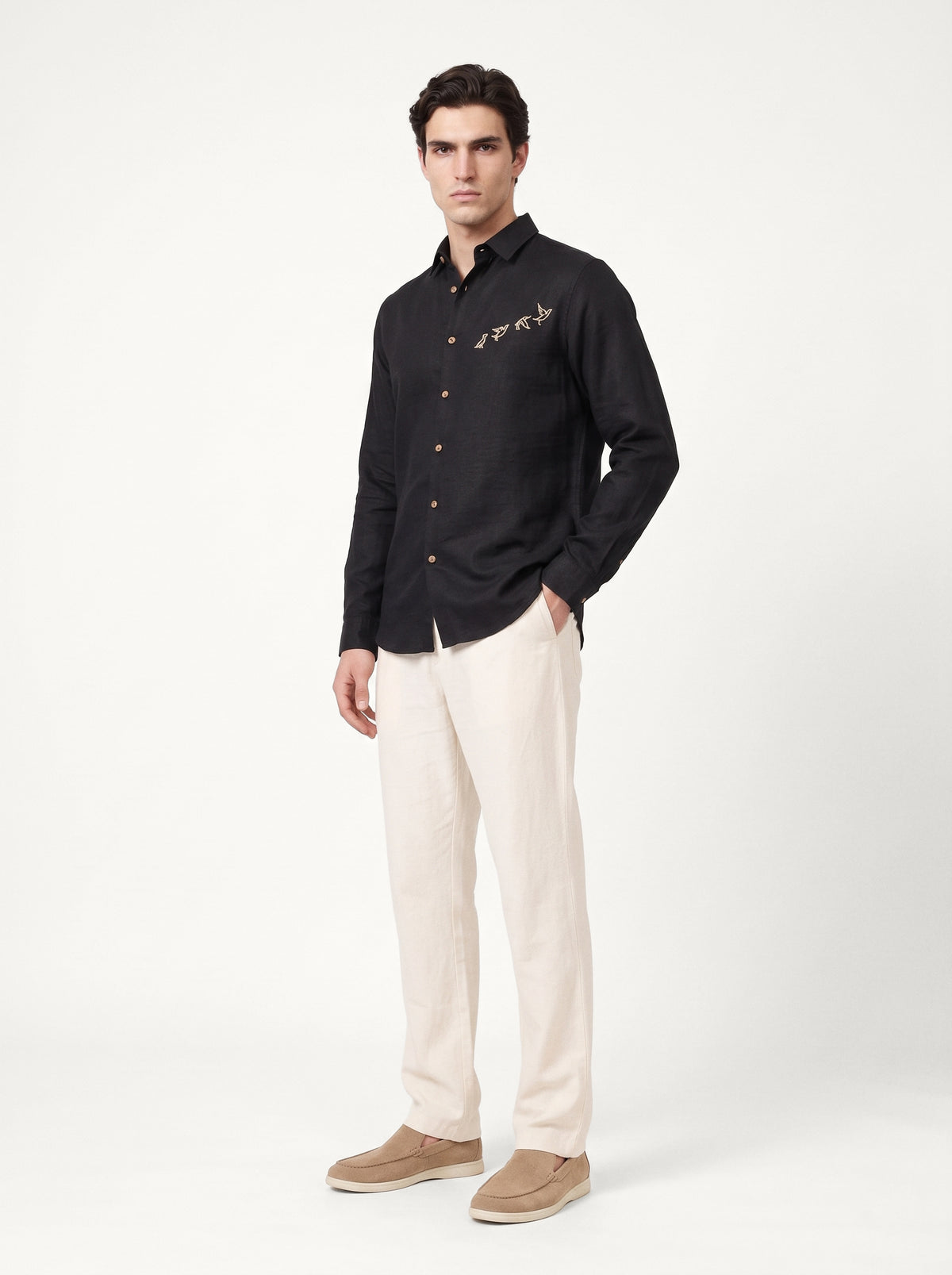 Flight Formation Cotton Regular Fit Black Embroidery Shirt