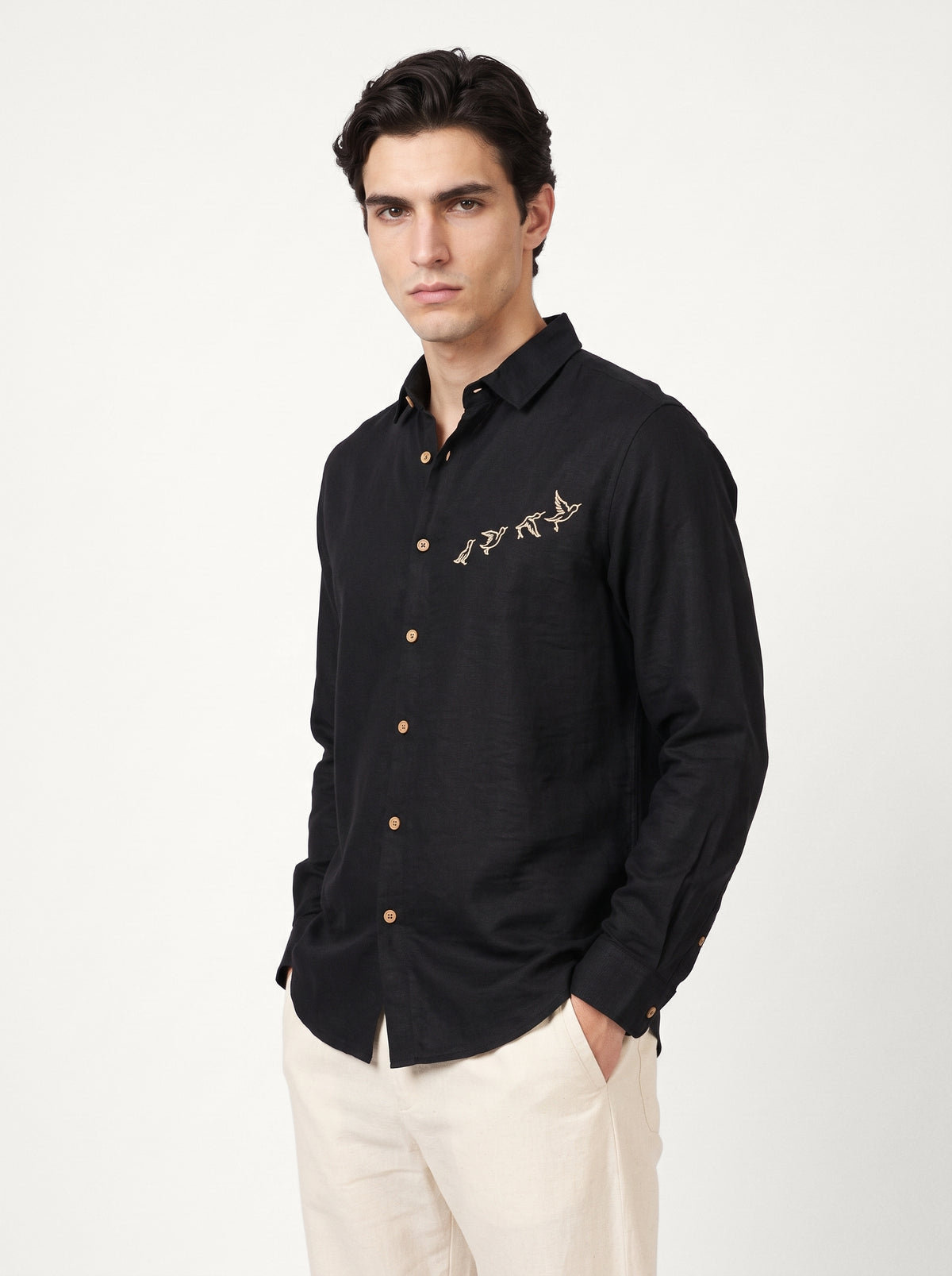 Flight Formation Cotton Regular Fit Black Embroidery Shirt