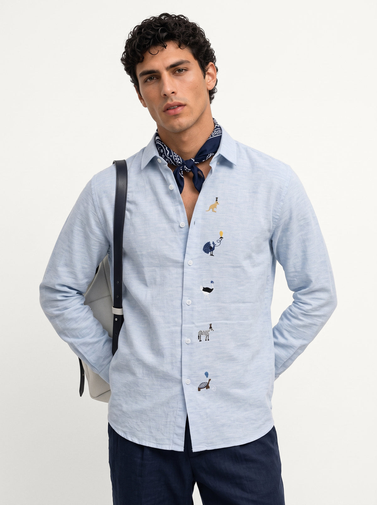 Safari Tales Animals Cotton Regular Fit Blue Embroidered Shirt
