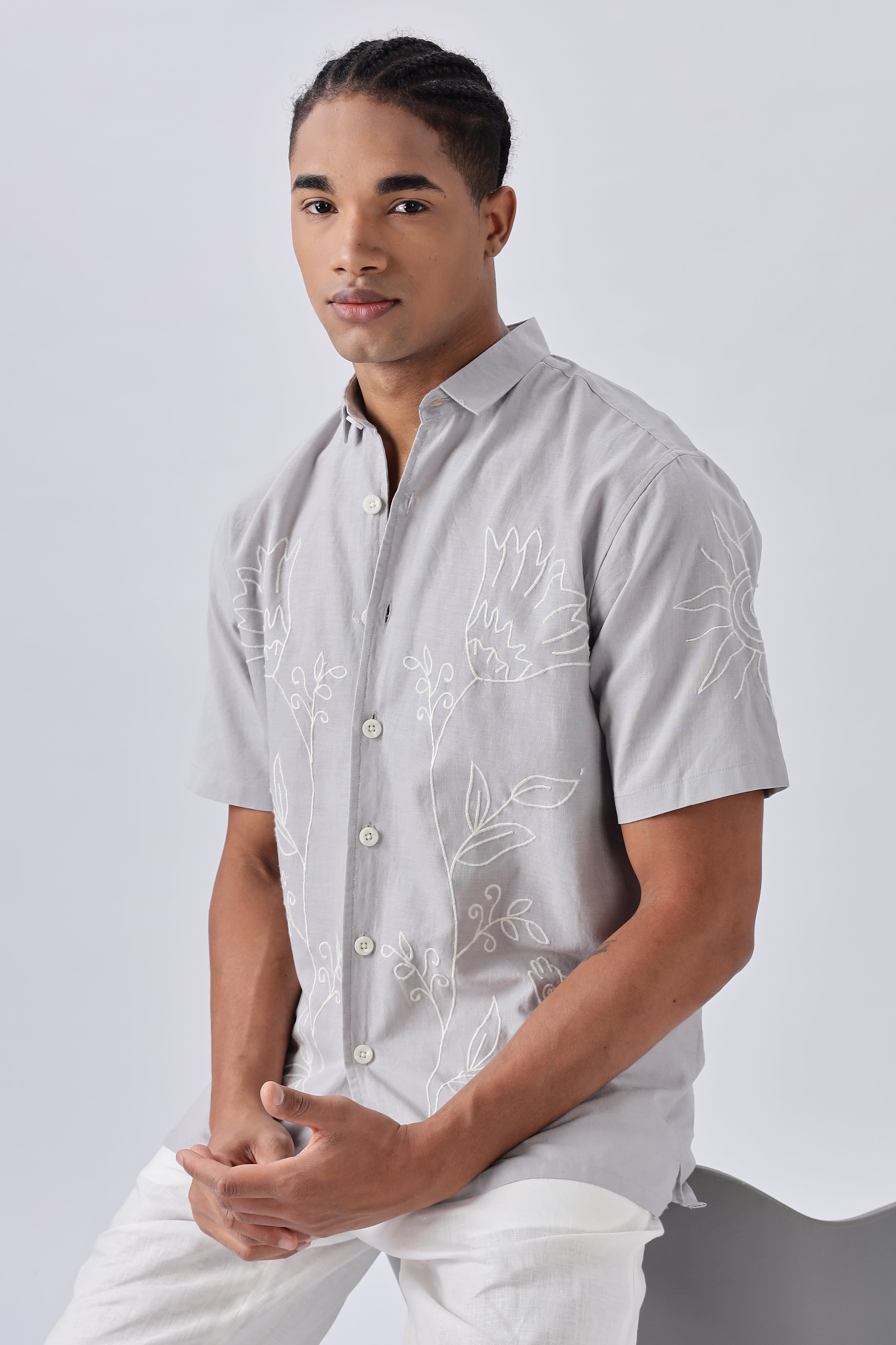 Corsica Grey Floral Embroidery Box Fit Shirt