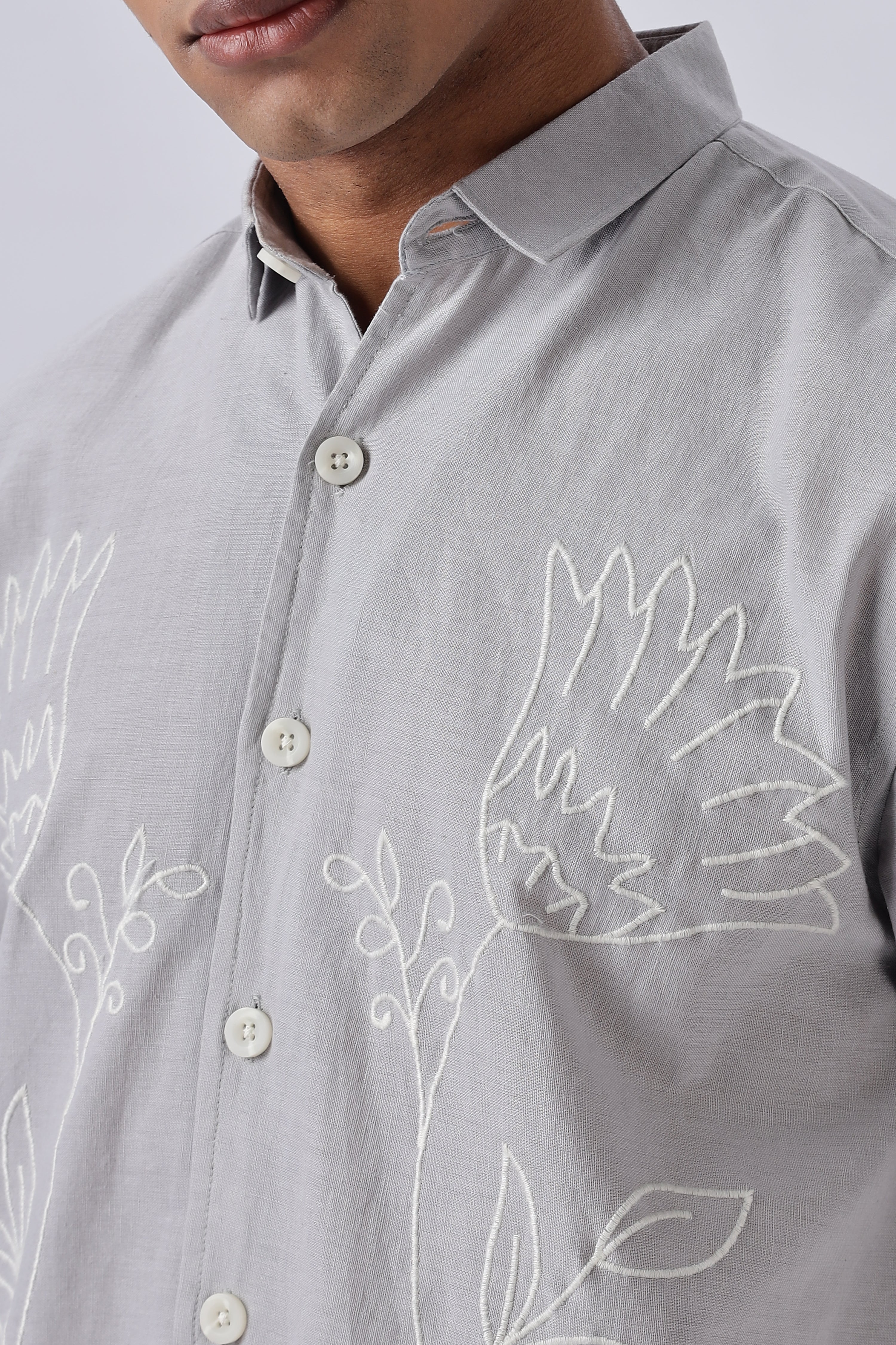 Corsica Grey Floral Embroidery Box Fit Shirt